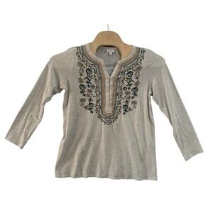 JJill Gray Embroidered Tunic Top Long Sleeve V-Neck Henley Size M